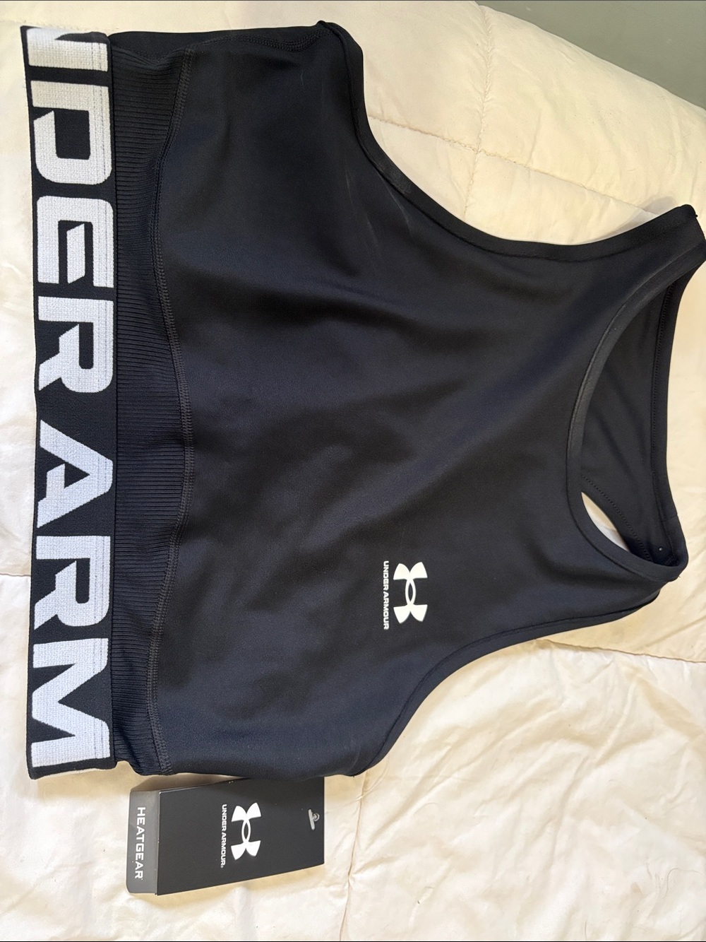 Under Armour Black Crop Sports Tank with White Logo Band and Branding